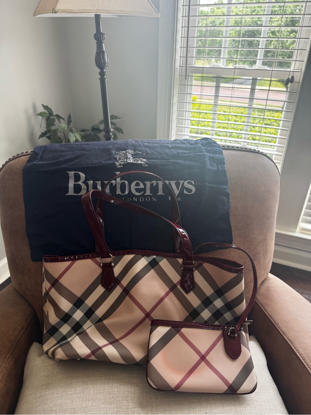Burberry Haymarket Check Tote Bag with Matching Red Patent Leather Pouch
